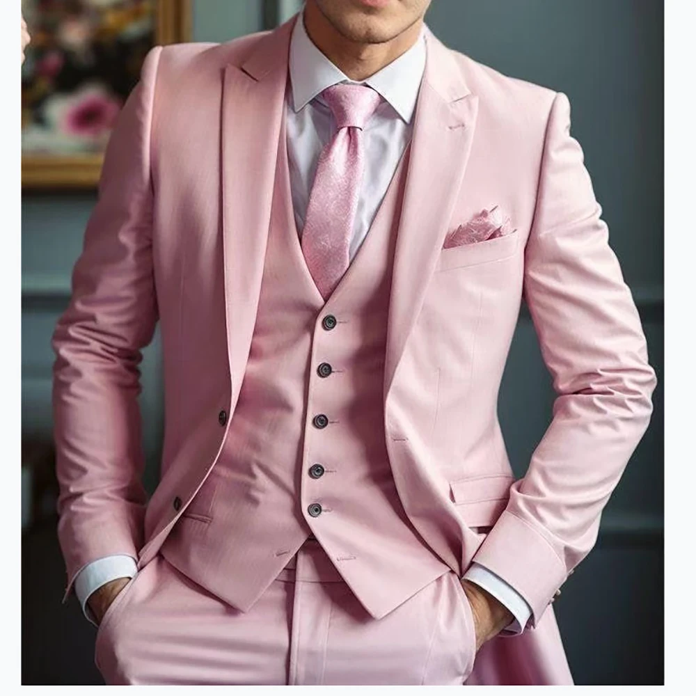 

Fashion Pink Wedding Men Suits 2025 Single Breasted Peak Lapel Regular Length Outfits Costume Homme 3 Piece Jacket Pants Vest