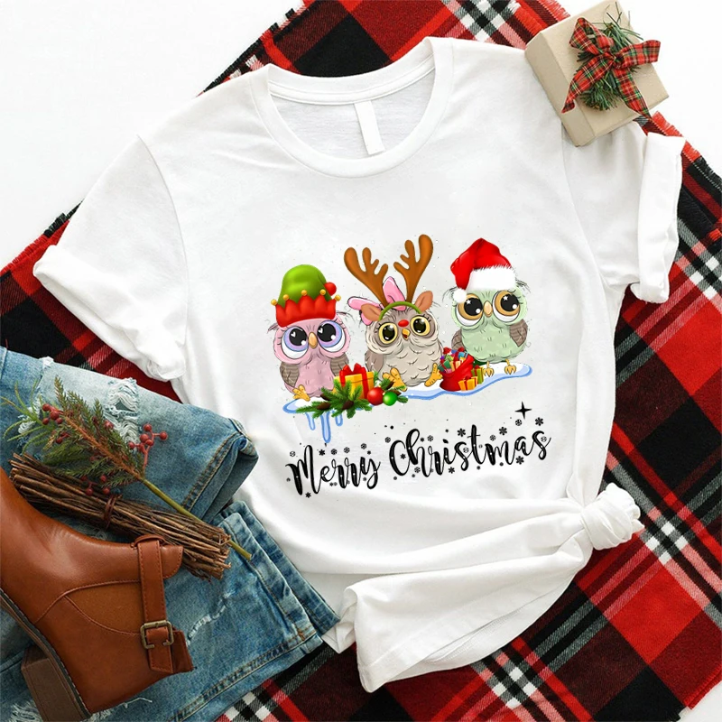 Merry Christmas Women T-shirt Hip Hop Tops with Christmas Hats Female Clothes Fashion Y2k Short Sleeve Tees Xmas Party Clothing