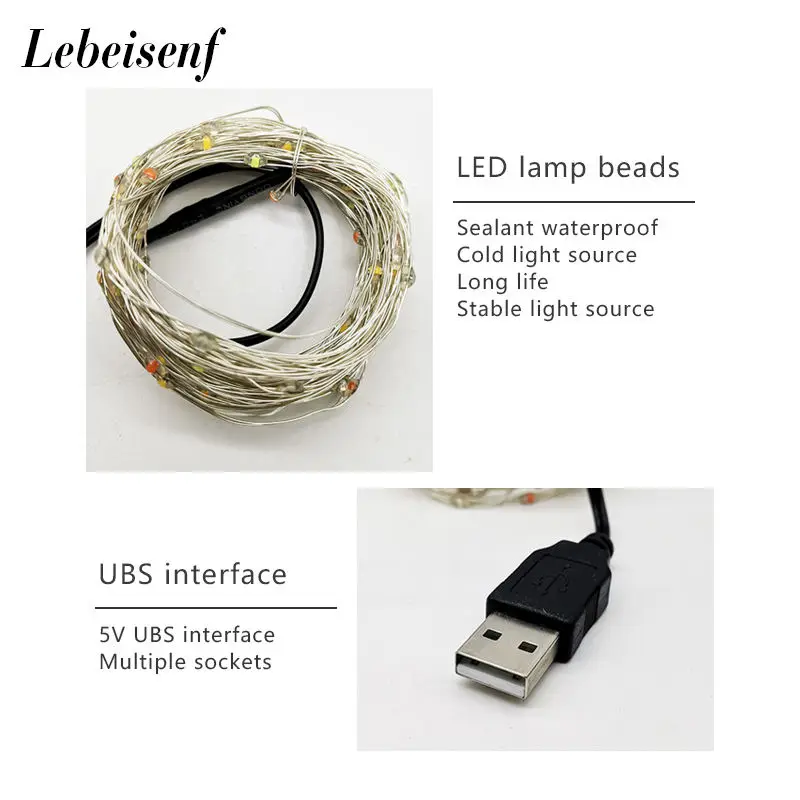 5V USB Powered LED Copper Wire Fairy Lights 10LED/m 5/10m Single/RGB Waterproof Flexible for Wedding Party Home/Garden Decor DIY view 4