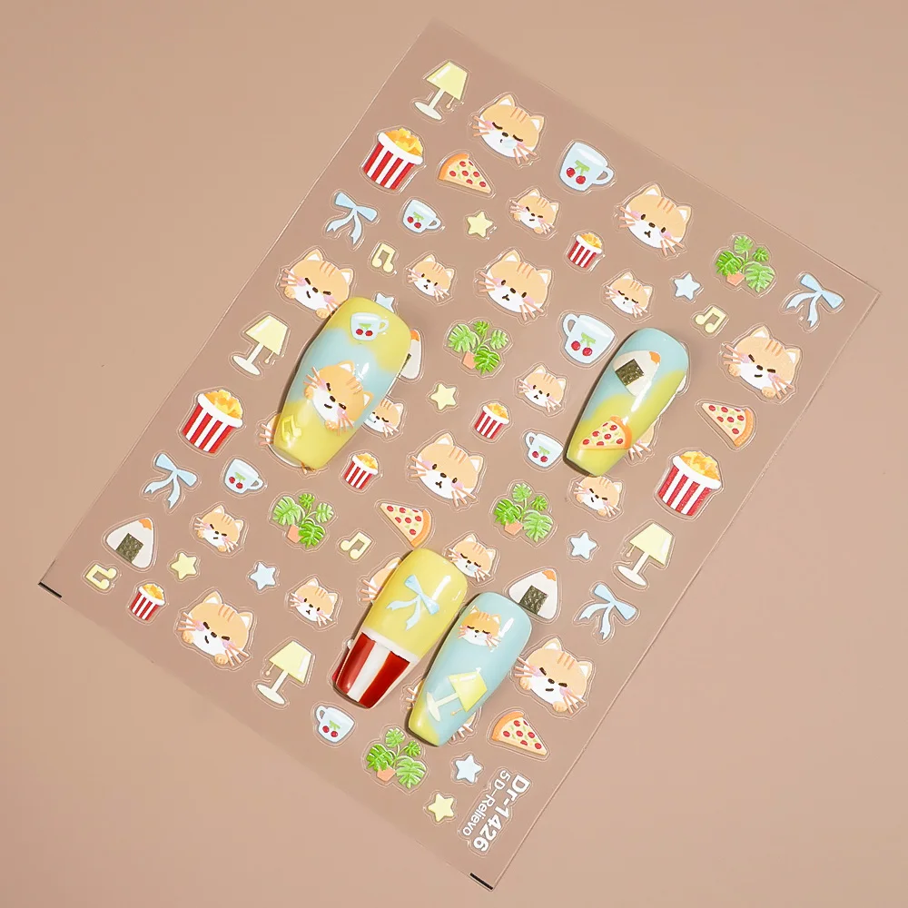 1/5/10 قطعة 5D تنقش لطيف الحيوانات الأليفة القط مسمار ملصقات Kawaii الغذاء ستار القوس الشارات النساء DIY بها بنفسك مانيكير ذاتية اللصق ديكور مع الملقط
