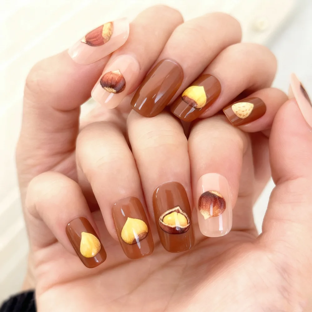 

24pcs Embossed Brown Chestnut Press-On Nails (In Shell & Shelled), Long Coffin Shape, Assorted Sizes