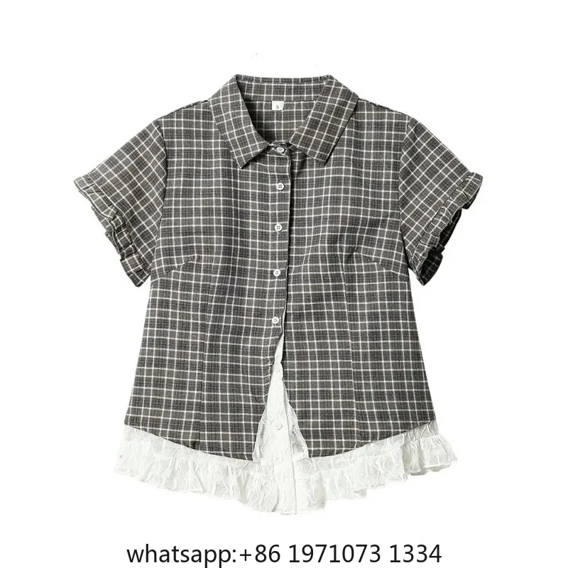 Lace Patchwork Plaid Shirt Women Summer Sweet Short Sleeve Vintage Blouse Slim Sweet Retro Japan Kawaii Female Cute Casual Tops