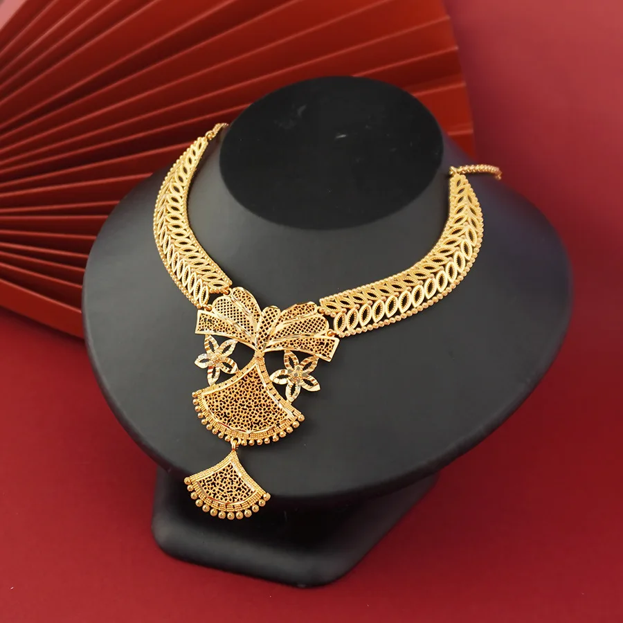 9999 Gold Middle East Fashion Trend Five-Star Fan-shaped Earring Drop Necklace Set Elegant and Luxurious Style