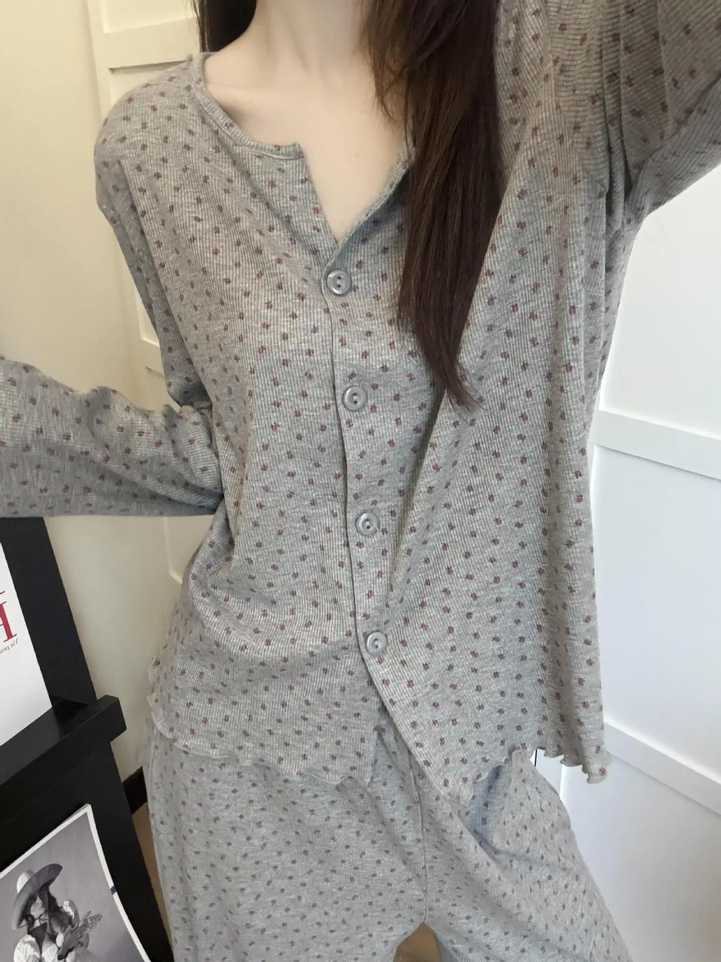 Women Bow Print Pajama Set Long Sleeve Button Top & Pants 2Pcs Autumn Soft Loungewear Soft Comfortable Sleepwear Home Clothes - view 5