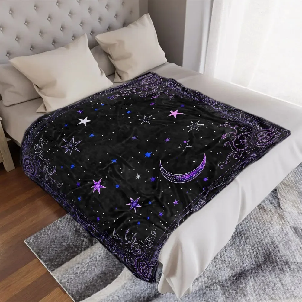 Vintage Ornate Border Purple Crescent Starry Sky Flannel Throw Blanket, Gothic Celestial Moon Star Print Soft Plush Fleece Blank
