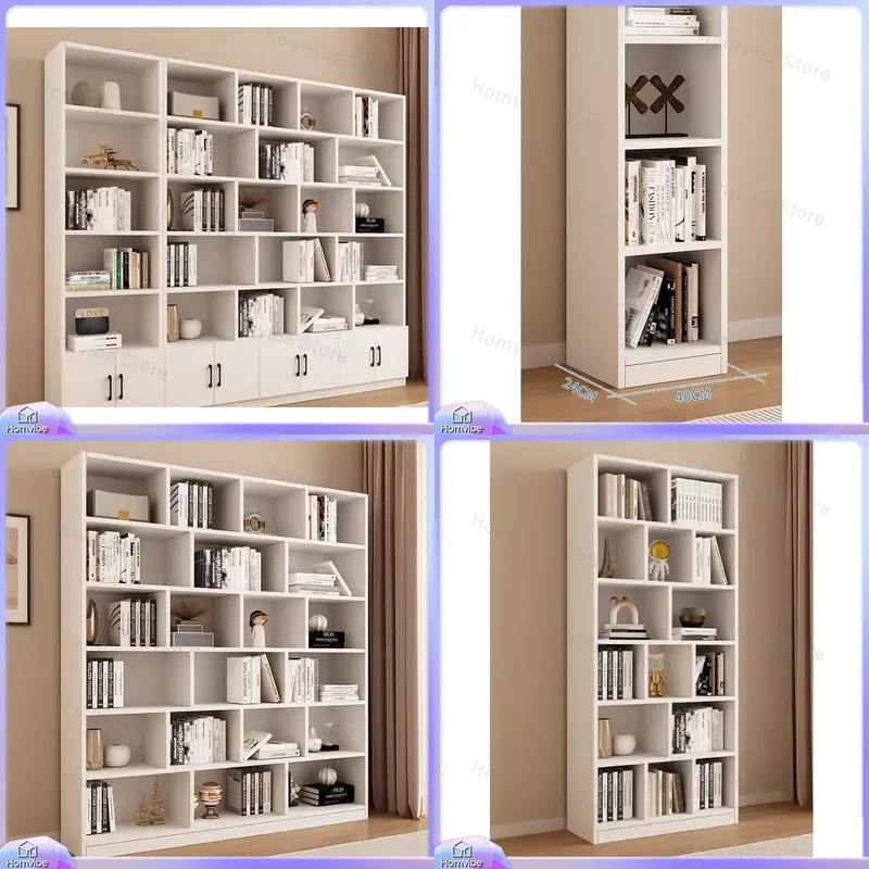 Modern White Solid Wood Bookshelf Floor Standing Bookcase for Living Room Bedroom Home Office Storage Rack Customizable