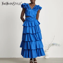 TWOTWINSTYLE Solid Slim Two Piece Set For Women V Neck Butterfly Sleeve Tops High Waist Pleated Skirt Elegant Set Female Fashion