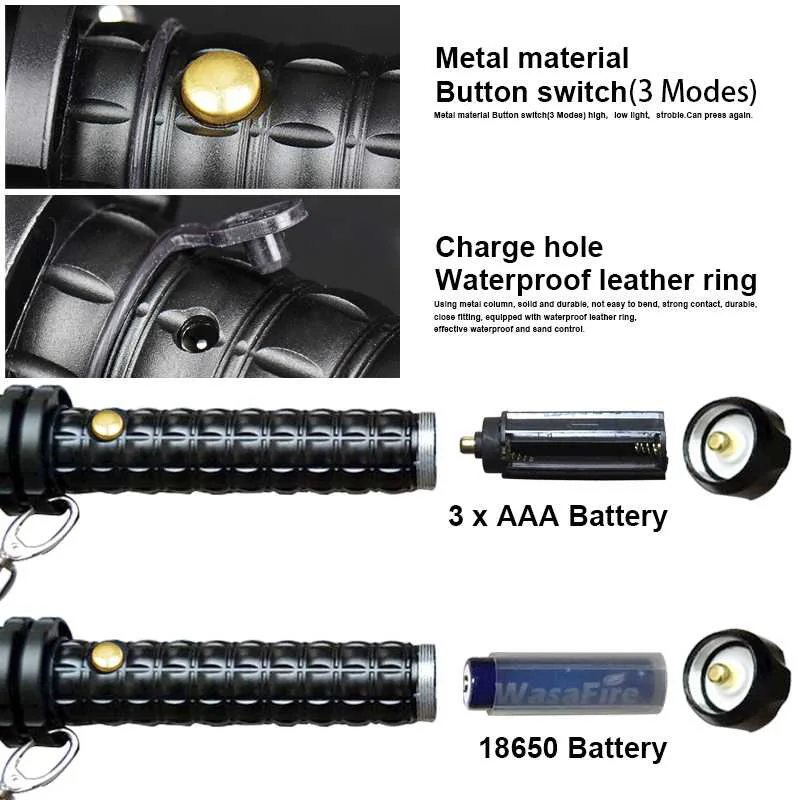 Powerful LED Flashlight 18650 Rechargeable Tactical Flashlights Torch Self Defense Torch Light XPE Telescopic Baton Lamp