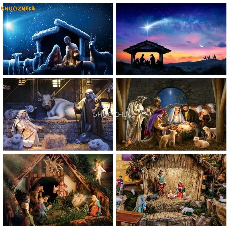 

Birth of Jesus Backdrop Christmas Night Manger Nativity Scene Photography Background Kids Newborn Christianity Photoshoot Props