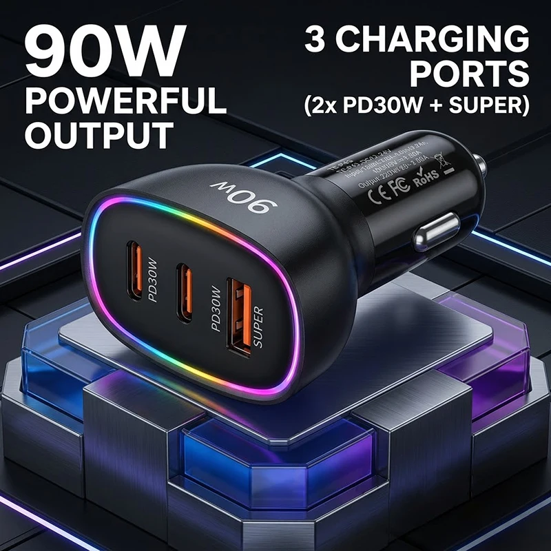 Fast Car Charger 90W 3 Ports Multi USB C PD 30W and USB A QC 30W Automobile Power Adapter with Glowing Ring For Smart Devices