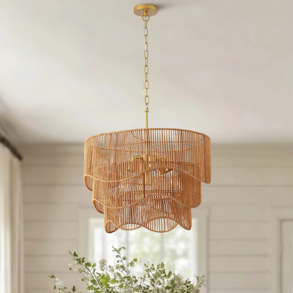 

Handwoven Rattan Boho 7-Light E26 60cm Adj Chandelier: Living/Dining Sloped Warm Glow