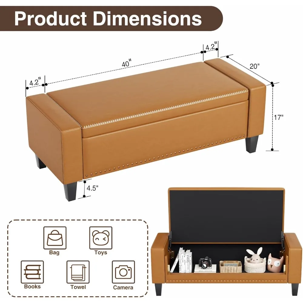 Brown Faux Leather Storage Ottoman Bench with Lift Top for Bedroom and Living Room