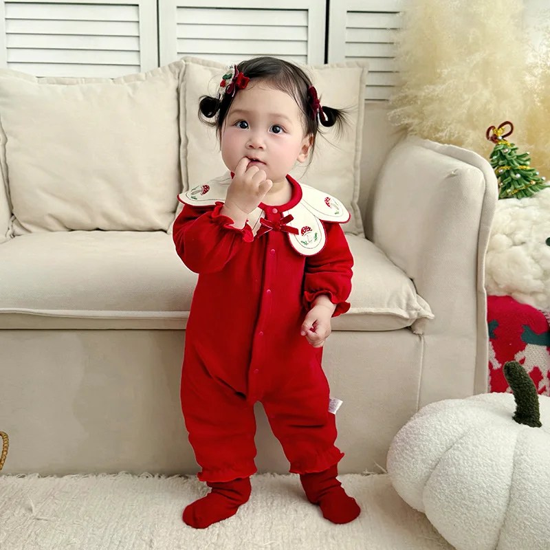 

Новогодний костюм для новорожденных, милый комбинезон, красный хлопковый комбинезон с длинными рукавами и вышивкой в виде грибов, наряд для девочек 0-1 года
