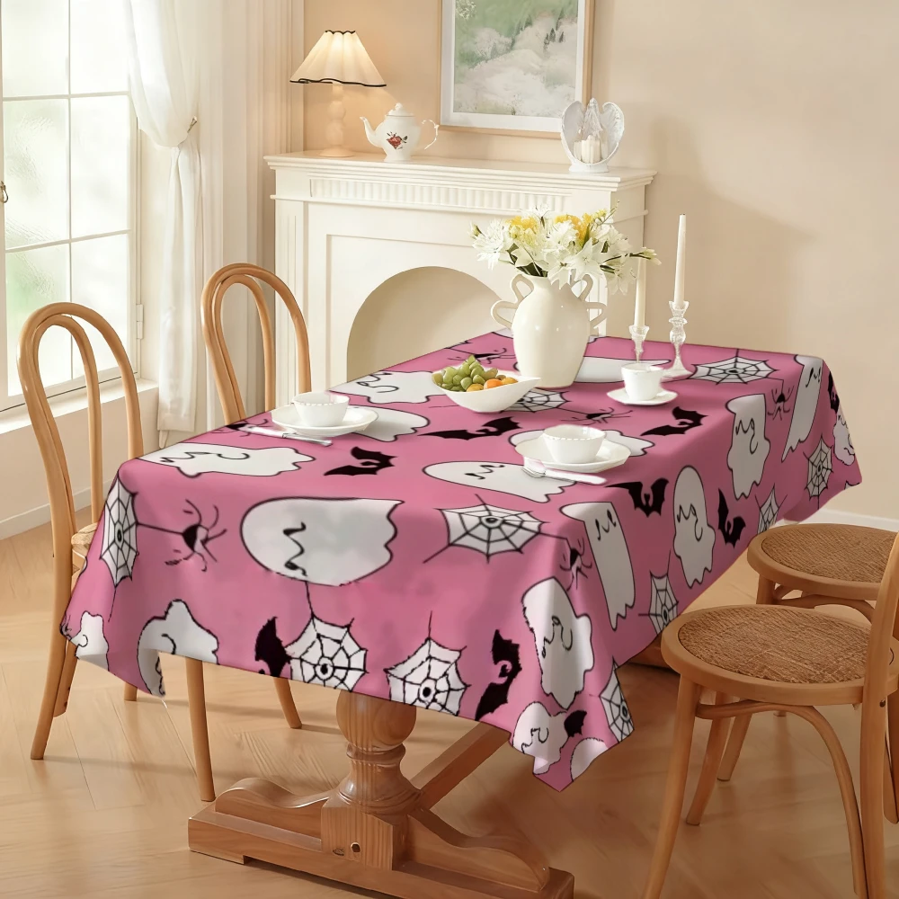One piece, Halloween spider web pattern tablecloth, in cartoon style, with pink, white and black color schemezyc