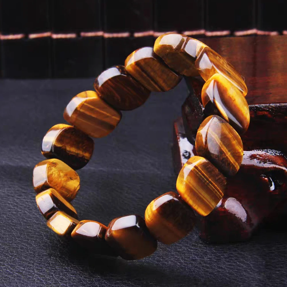 Natural Tiger Eye Stone Square Bracelets Handmade Reiki Healing Meditation Bangles Elastic Rope Stone FengShui Couple Jewelry