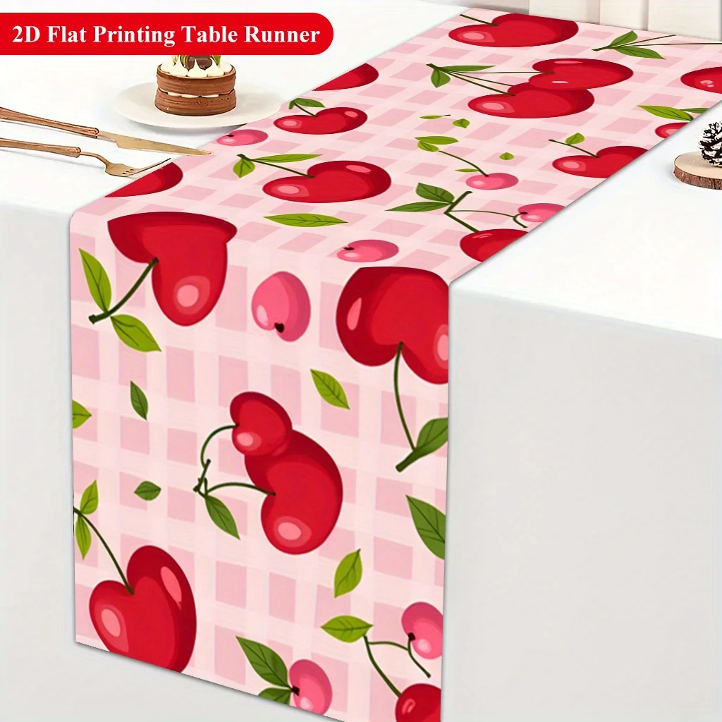 1 Piece Heart-Shaped Cherry Image Cute Style Table Runner for Valentine's Day, Suitable for Dinner Parties, Holiday Parties, Family Gatherings, Children's Activities, Themed Cafes, Home Decoration, Christmas Markets, Cozy Tea Parties