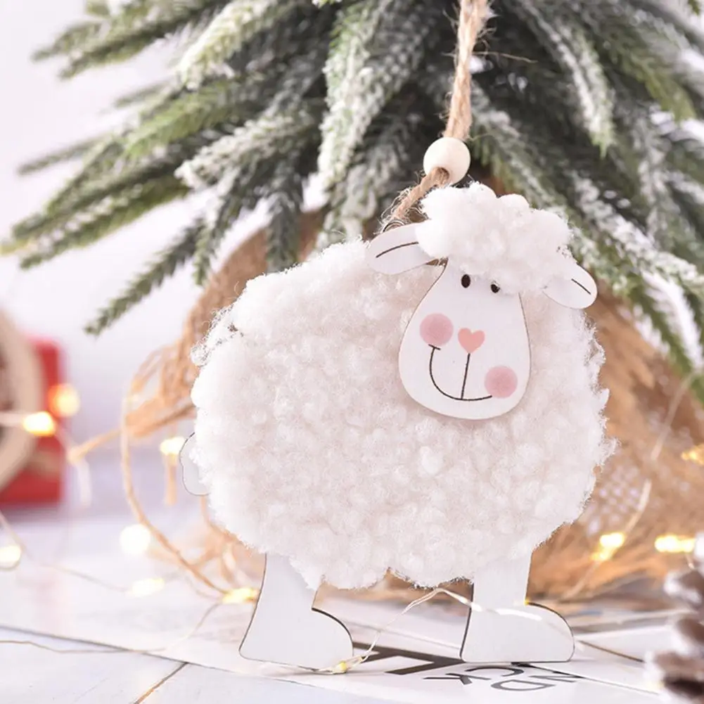 Sheep Charm Cartoon Exquisite Stitching Decorative Festival Prop Cotton Small Sheep Wooden Pendant For Easter Christmas Ornament