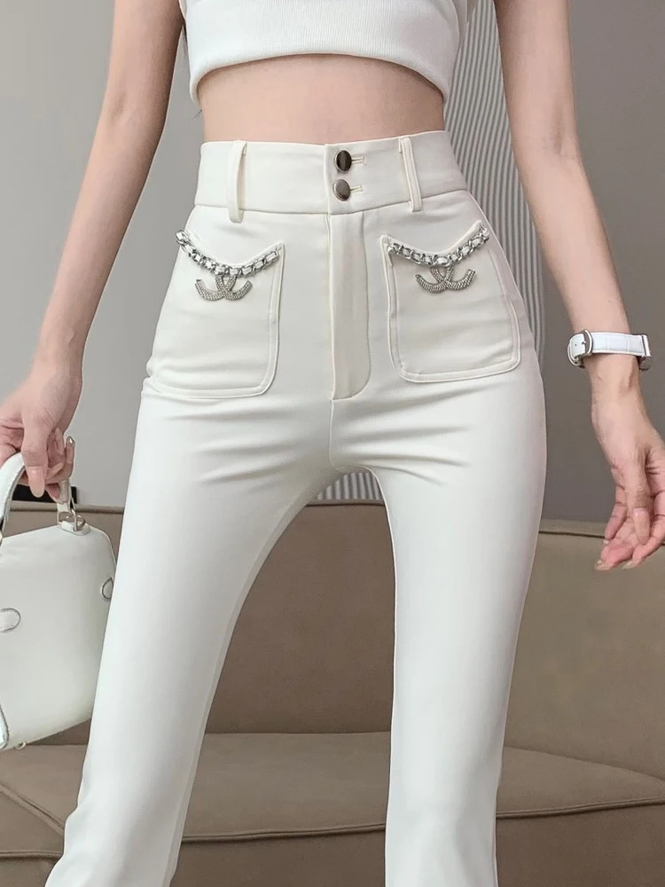 Women Spring Autumn Off White Micro Flared High Waist Slim Fit Casual Suit Pants XJ781
