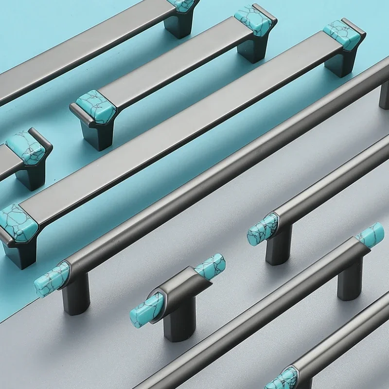 Lubang jarak 96/128/192 lampu Nordic mewah abu-abu Dinding kabinet lemari pakaian pegangan High-end Turquoise Solid tebal kenop laci