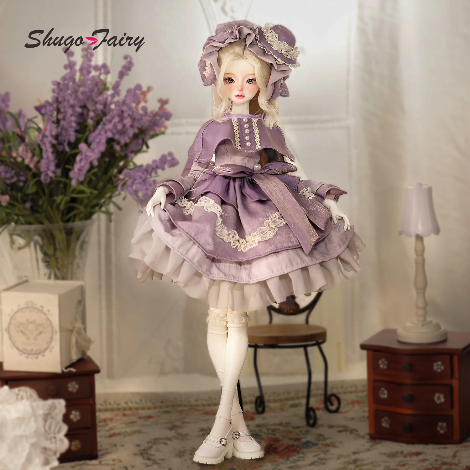 Sadie 1/4 muñeca articulada de bola Sadie Fullset B Bariy pecho grande BJD púrpura vestido de pastel de Lolita con sombrero Shugafairy elegante mujer