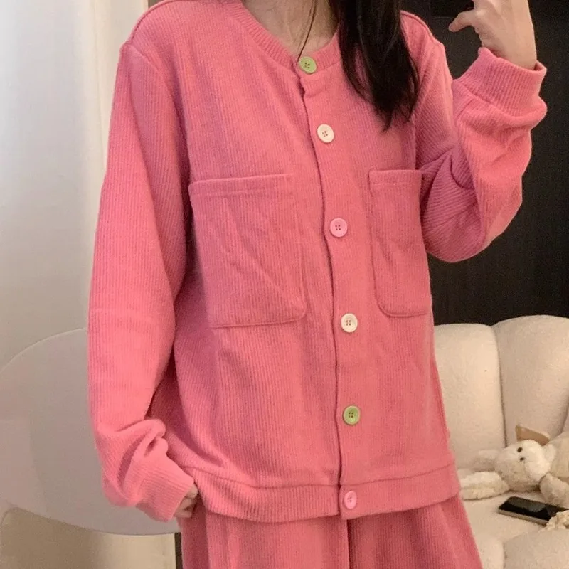 

Simple Style Pajamas Female Autumn and Winter New Style Sweet Coloured Button Pockets Korean Version Long-sleeved Loungewear Set