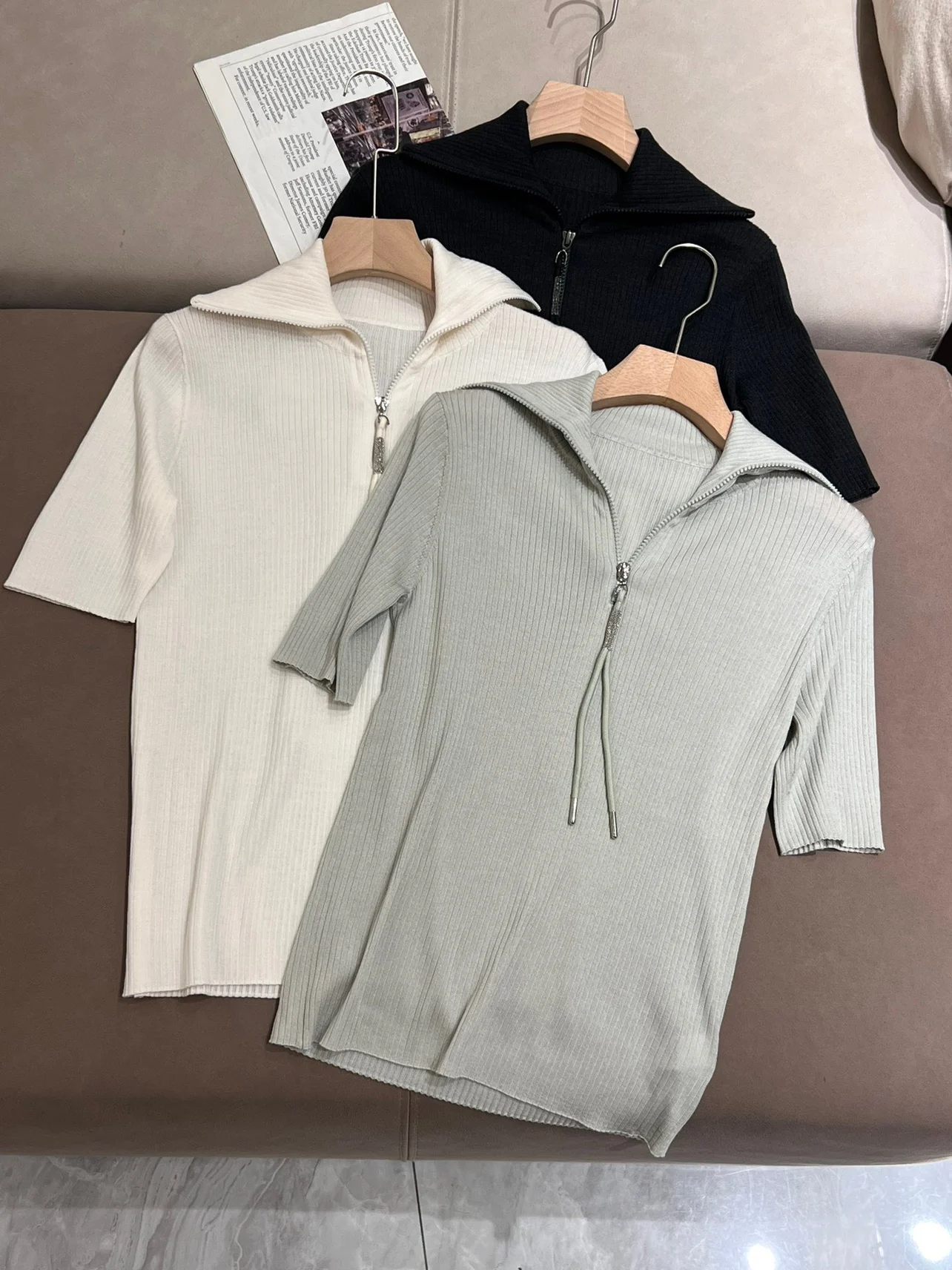 

Spring Summer B*C Silk Wool Pit half Zipper Slim High Stretch Knitted Short-sleeved T-shirt Pullover Sweater