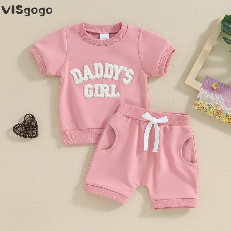 VISgogo 2Pcs Baby Girl Summer Outfits Fuzzy Letter Embroidery Short Sleeve Tops Solid Color Shorts Toddler Casual Clothes