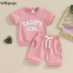 VISgogo 2Pcs Baby Girl Summer Outfits Fuzzy Letter Embroidery Short Sleeve Tops Solid Color Shorts Toddler Casual Clothes