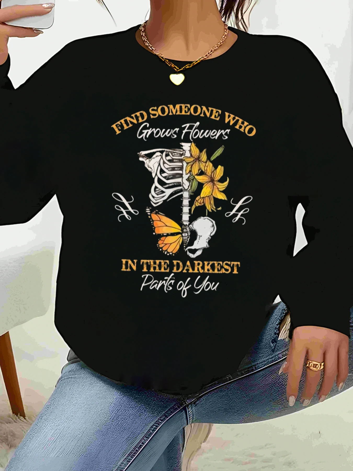 

Толстовка с круглым вырезом и принтом цветочного скелета Find Someone Who in the Dark, повседневная женская одежда