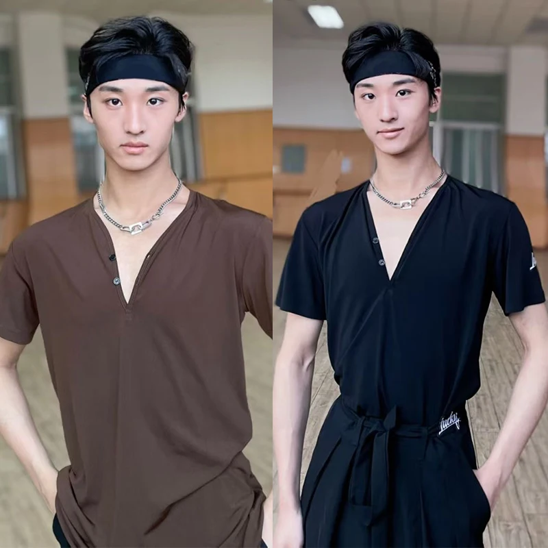 

2025 Adult Male Latin Dance Clothes Short Sleeves Tops Black Latin Trousers Men Salsa Ballroom Dance Practice Clothing DNV24821