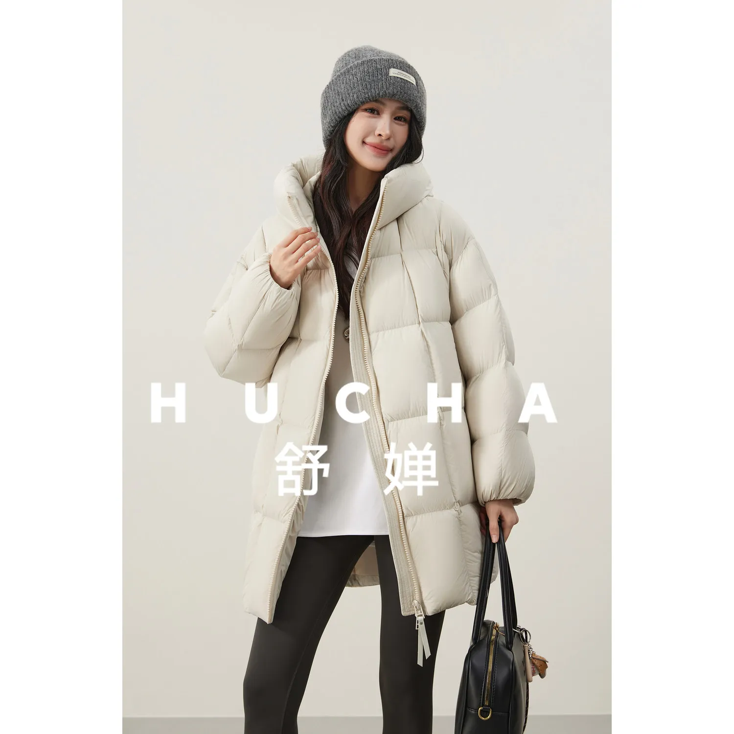 Puff 90 White Duck Down Checked Quilted Hooded Down Jacket Women's Medium and Long Jacket Women