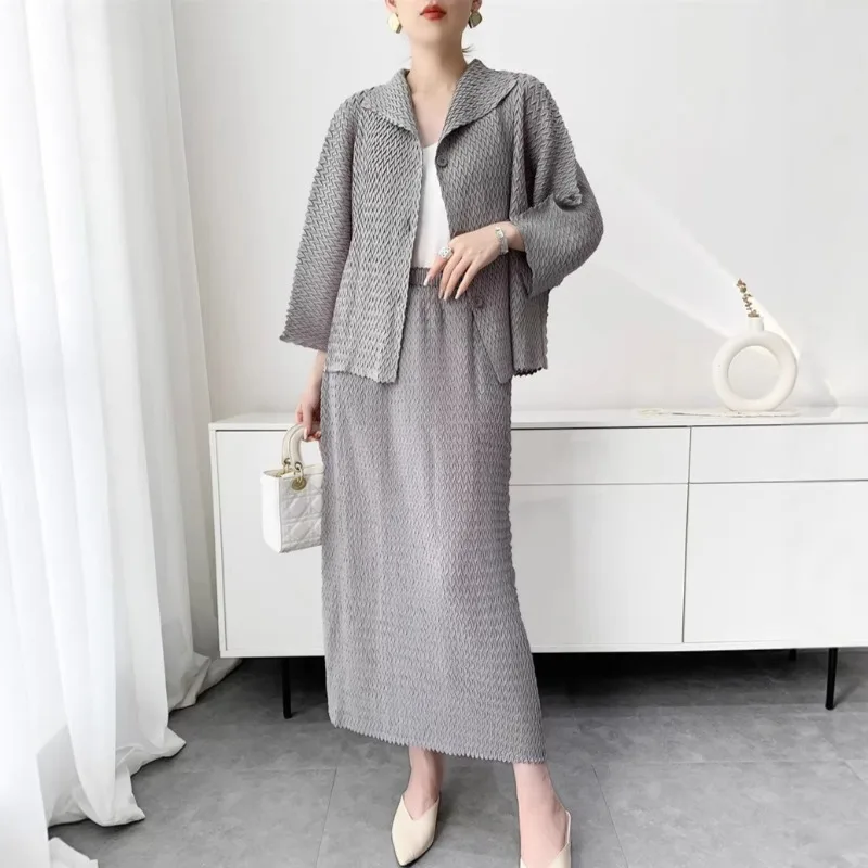 

Miyake Handmade Pleated Jacket 2026 New Long Sleeve Lapel Top Simple Elastic Skirt Fashion Suit Women's Commuting Office Wear