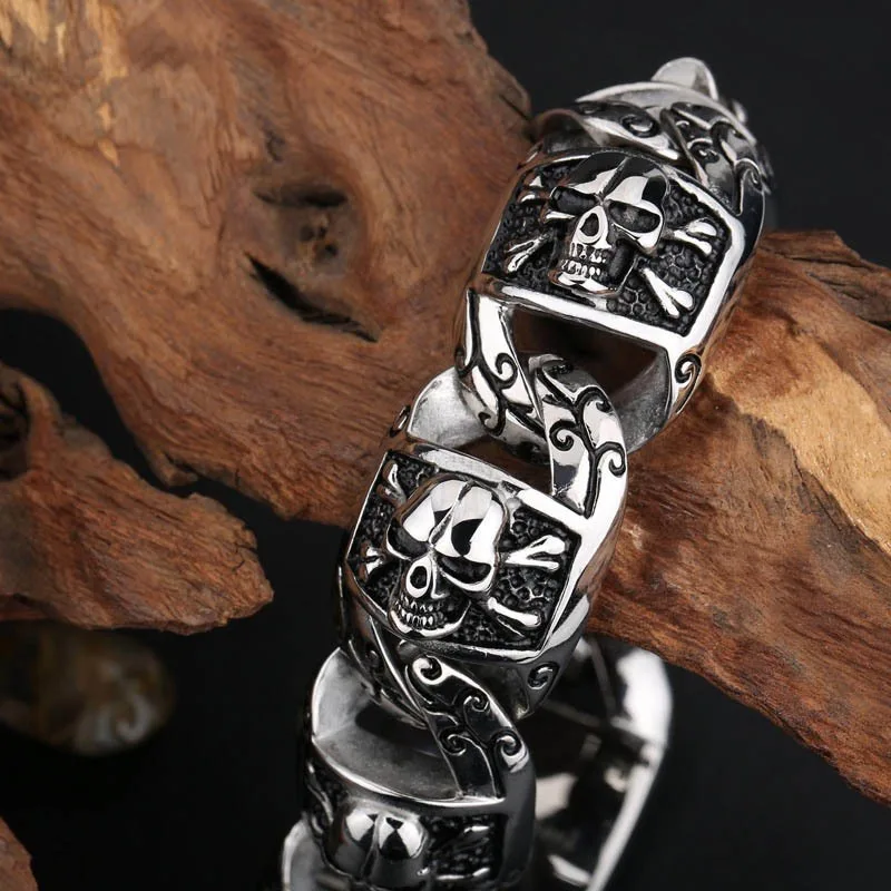 Men Thick Titanium Steel Skull Bracelet, Hip Hop Punk European Style Trendy Street Fashion Wrist Jewelry