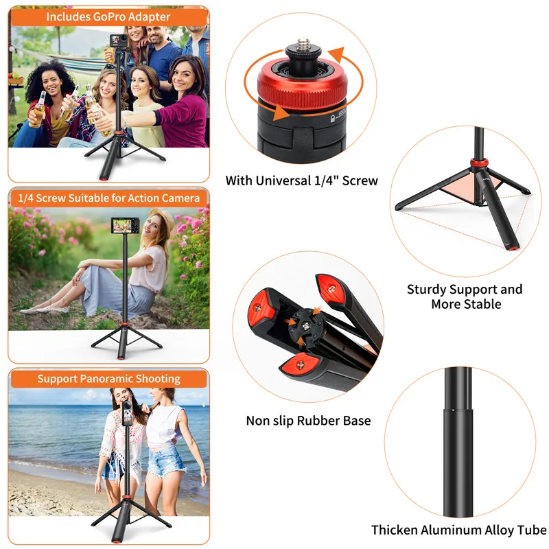 Aluminum Extend Selfie Stick Tripod Mini Portable Vlog Tripod for GoPro Hero 12 11 10 9 8 7 6 DJI Osmo Action 3 4 Insta 360 X4