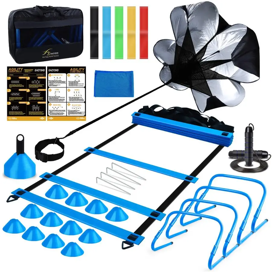 مجموعة تدريب خفة الحركة السريعة، سلم خفة الحركة، 12 مخروطًا، 4 حواجز قابلة للتعديل، المظلة، معدات تمارين اللياقة البدنية #1