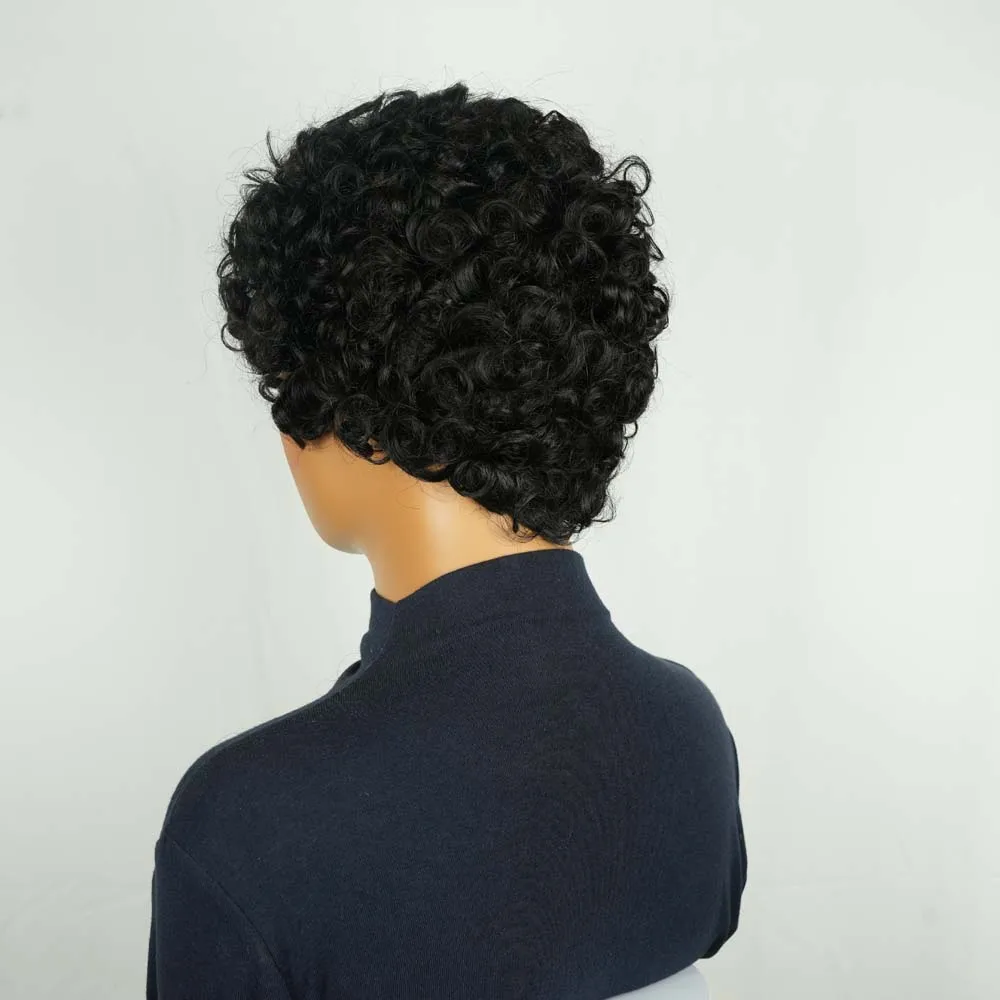 짧은 픽시컷 가발 인모 곱슬 웨이브 가발 흑인 여성용 짧은 워터 웨이브 머신 가발 일상용