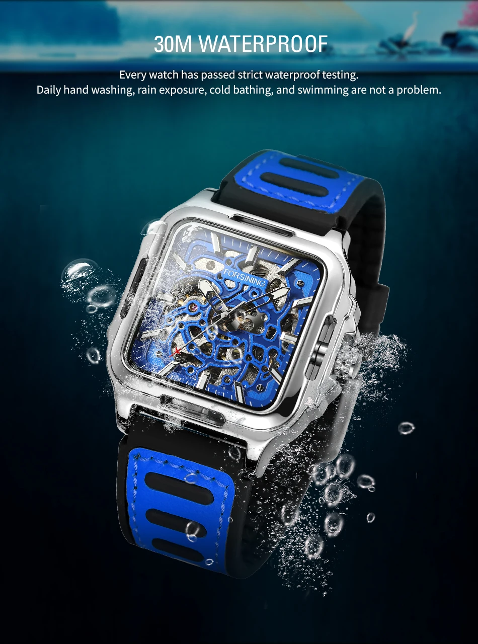 Forsining Original Square Skeleton Mechanical Men Watches Automatic Movement Field Sport Blue Rubber Luxury Replica Male Watch