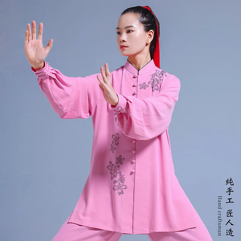 Women's Spring Autumn 2026 Tai Chi Outfit - Rhinestone Embellished Loose Flowy Stretch Linen Wushu Suit Set for Performance/Comp