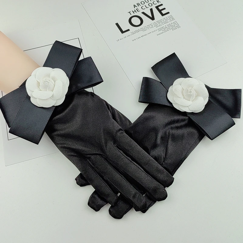 Elegant Retro Black Satin Bridal Gown Accessories Girls Party Dress Gloves Winter Full Finger Mittens For Wedding Celebration