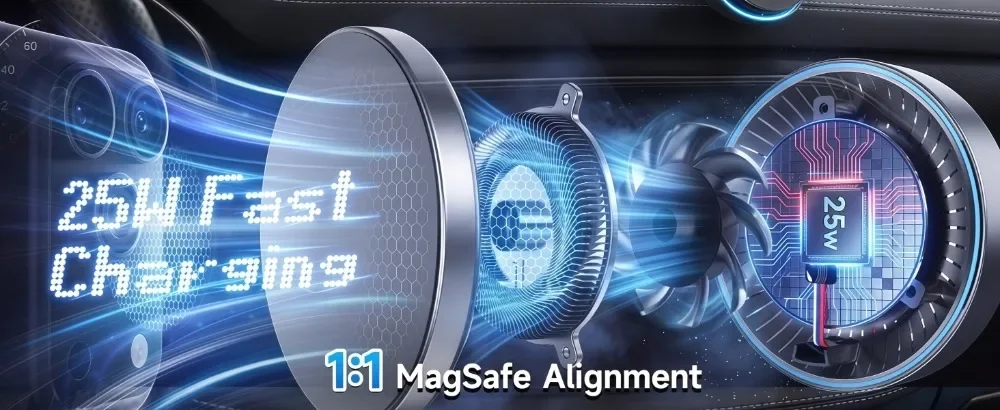 Auto Qi2 25W Magnetisches Kabelloses Ladegerät mit 63W Auto-Ladegerät und Vakuum-Handyhalterung für Magsafe iPhone 17 16 15 14 13 12 Schnelles Laden – Detail 3