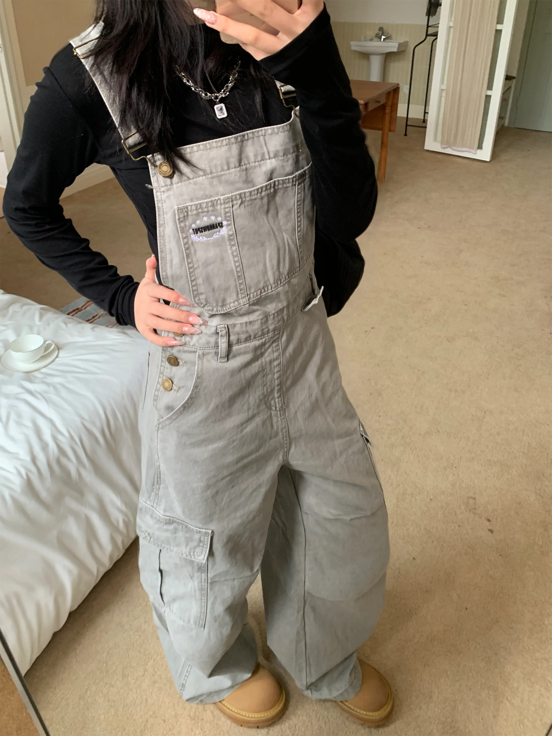 

Muziyang Korean Sle Casual Waed Workwear Overalls Multi-ket Loose Straight Leg Waist-Cinching Slimming Long Trousers