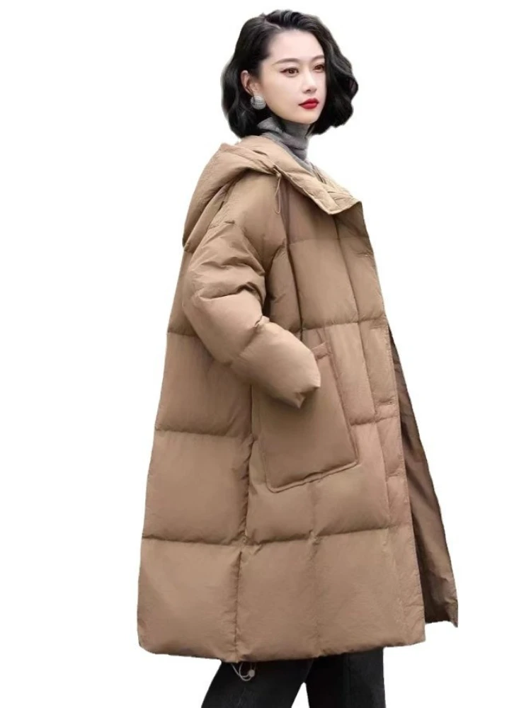 2025 nueva chaqueta de talla grande Parkas largas de moda para mujer invierno suelto grueso cálido 90% plumón de pato blanco prendas de vestir exteriores