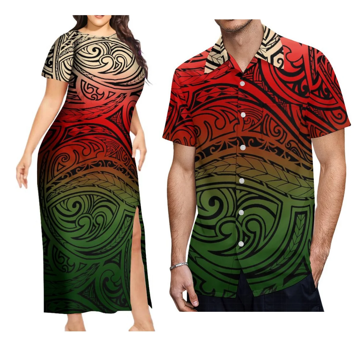 

Stylish Long Dress Elegant Tight Polynesian Tribal Dress For Women 2024 Floral Print Tailored To Match Men'S Short-Sleeved Shirt