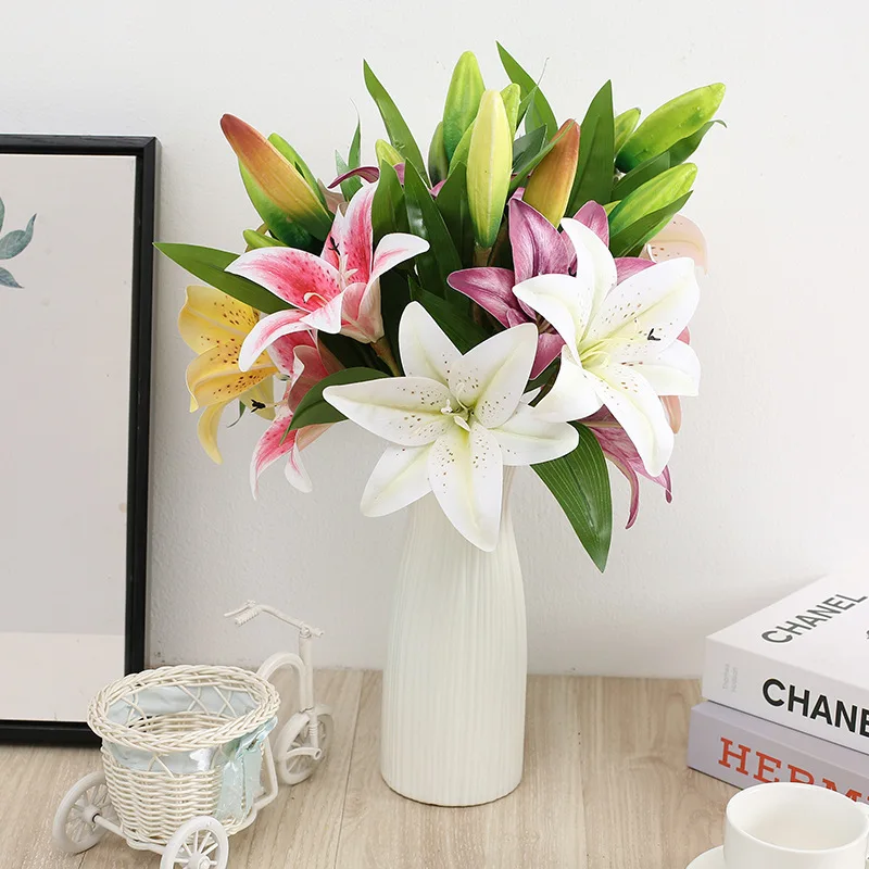 Real Looking 3D Printing Lily Branch Artificial Flowers White Fake Flowers Flores for Wedding Home Garden Decoration