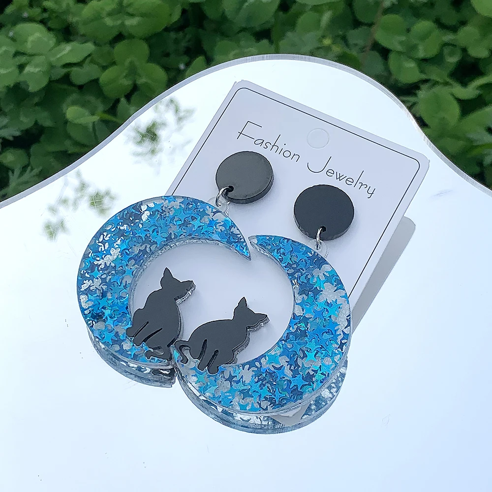 Creative Cute Big Acrylic Black Cat on the Moon Dangle Drop Earrings Dainty Chic Lovely Animal Moon Star Hook Earring for Girls