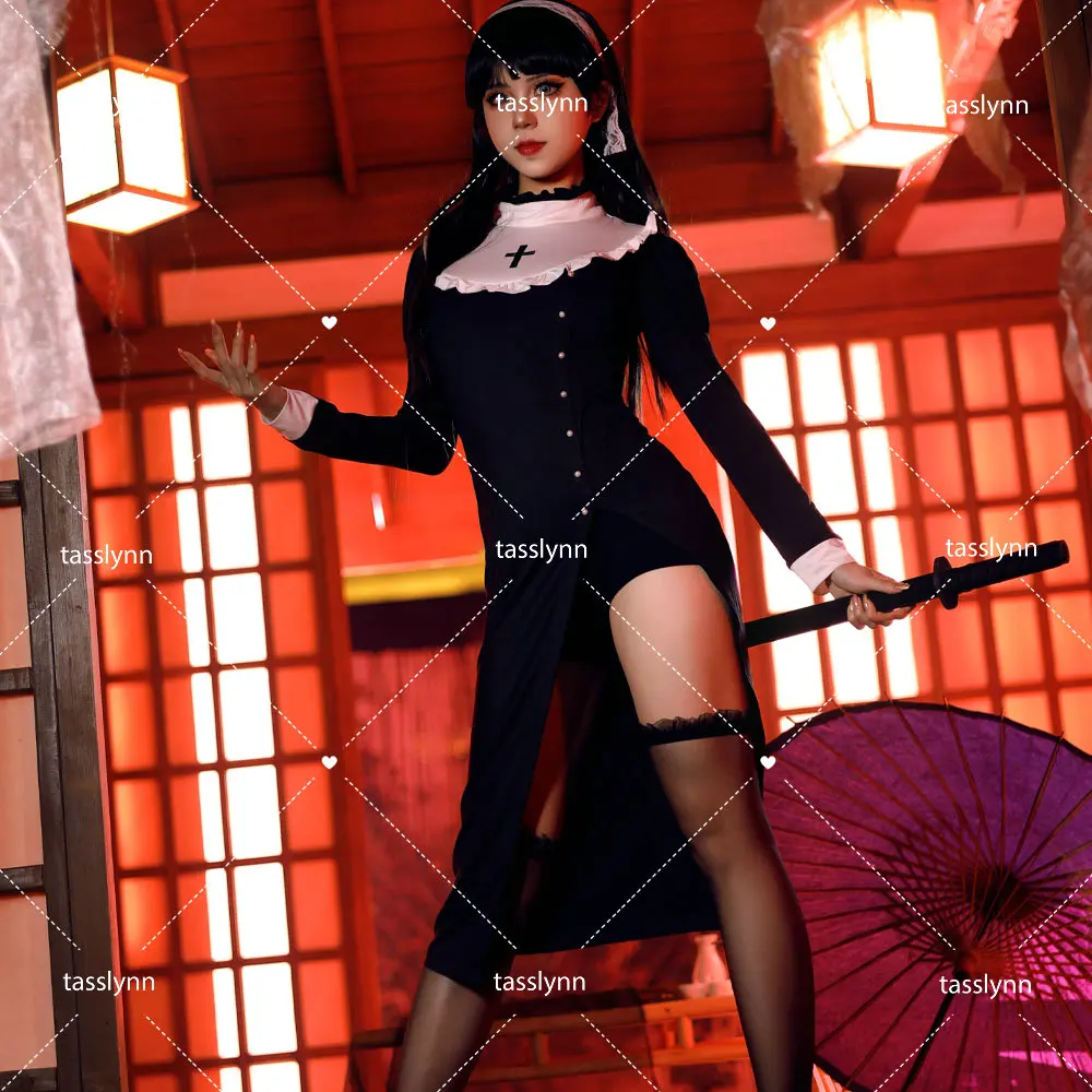 New Black White Dress  Nun Sister Uniform Hot Anime Cosplay Full Set for Sexy Girls Sexy Dark Reign Cenobite Cosplay Costume