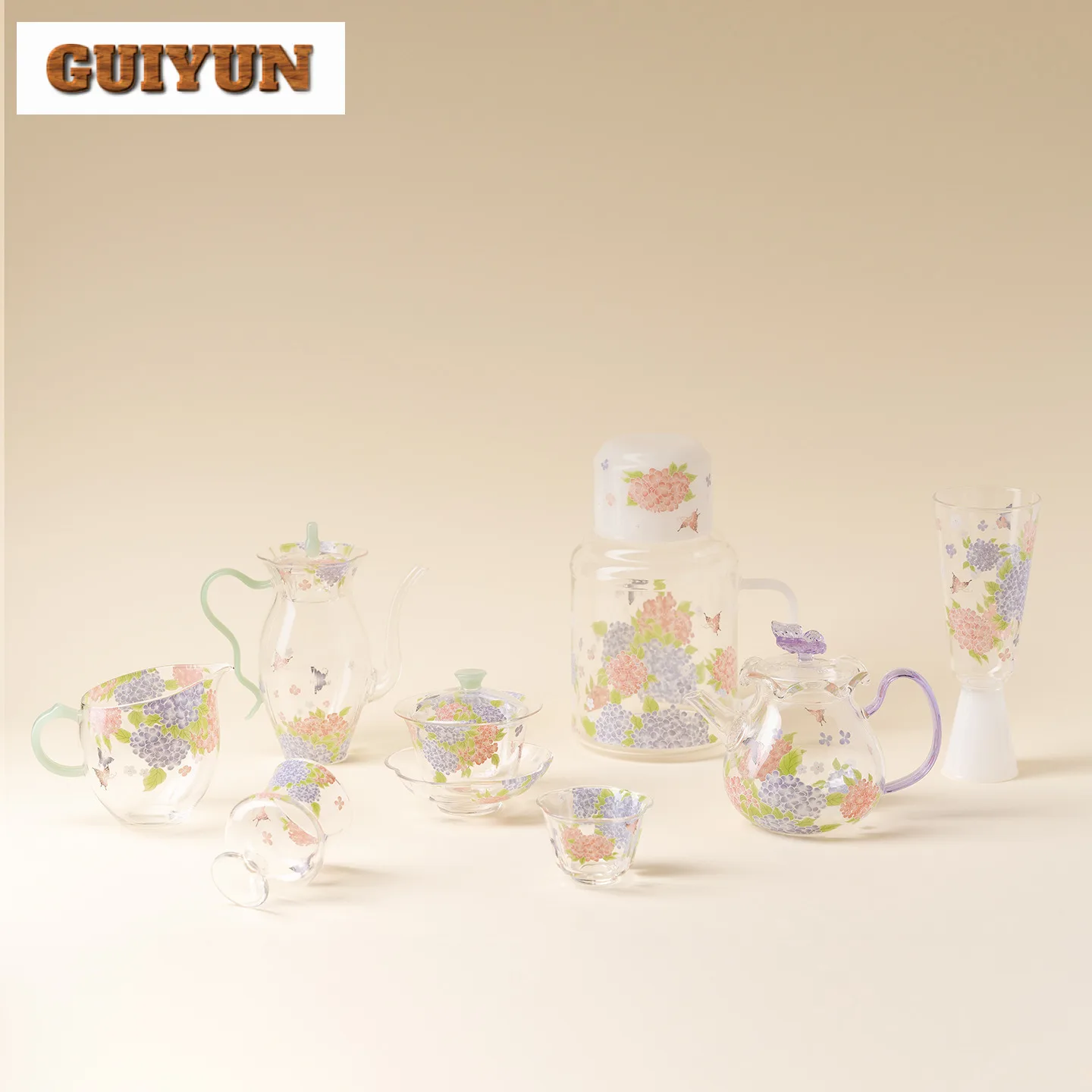250mlアジサイ蝶ガラスティーピッチャーティーディバイダー茶海ディスペンサージャスティスカップフェアマグ中国茶セットギフト用品