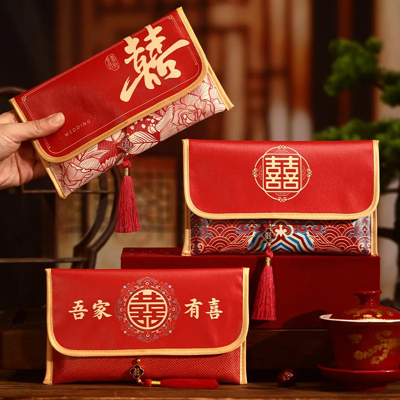 Chinese Wedding Red Envelope Leather Red Envelope for Ten Thousand Yuan Engagement Supplies Dowry Money Wedding Gift Envelope