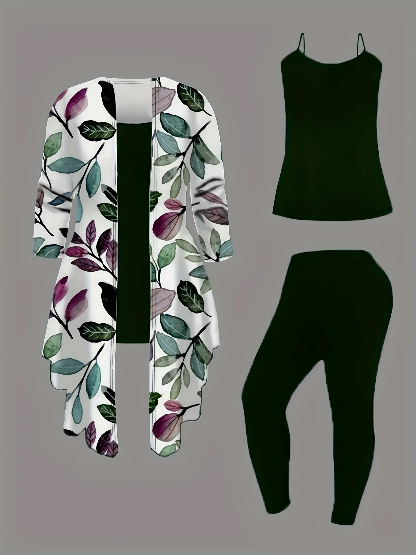 

Женский комплект из 3 предметов больших размеров: куртка-кардиган с принтом в сочетании с повседневными брюками и жилетом для повседневной носки.