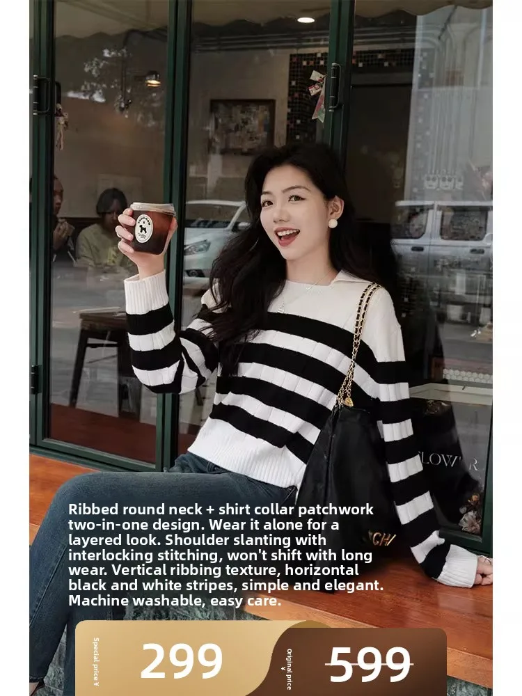 

Meyang Sea Striped Woolen Sweater hine Waable Yangzi Yarn Fake Two-Piece Commute Sle Loose Fit Long Sve ort...